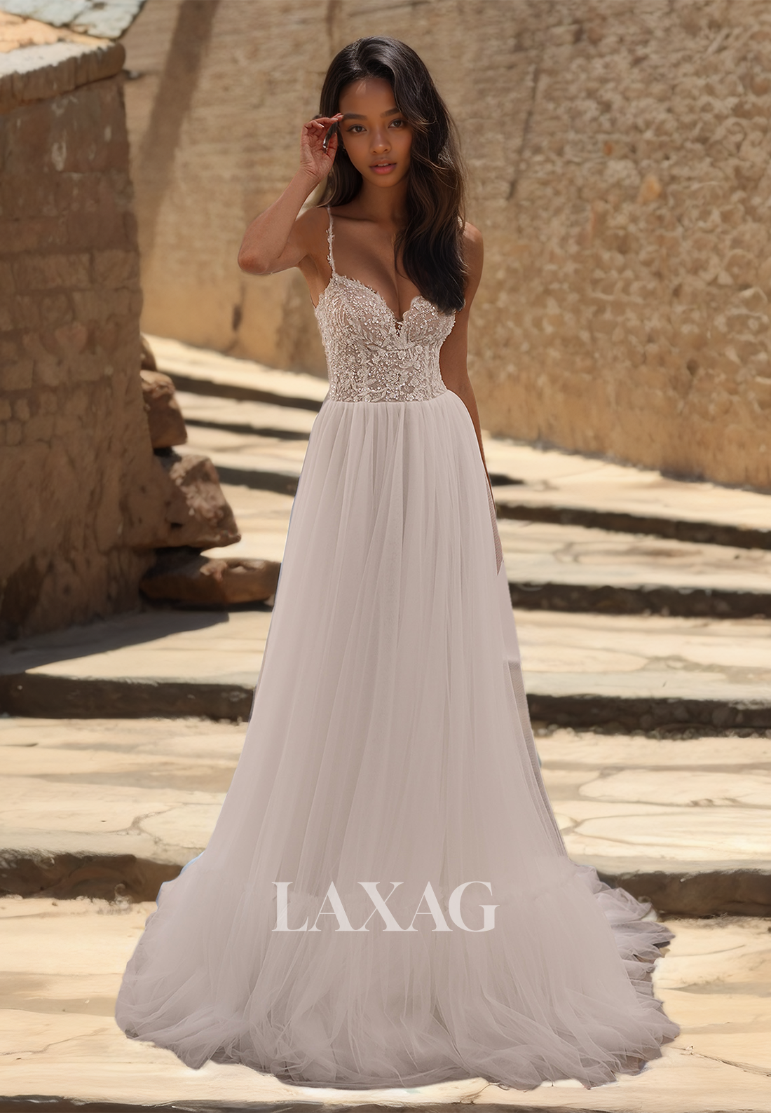 Spaghetti Straps Sleeveless A-Line Bride Gowns Sweetheart Off-Shoulder Beaded Tulle Wedding Dress