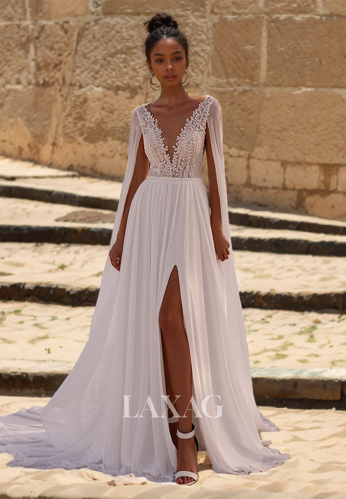 Sleeveless Straps A-Line Beach Wedding Dress Deep V-Neck Beaded Applique Cutout Boho Bride Gowns with Train