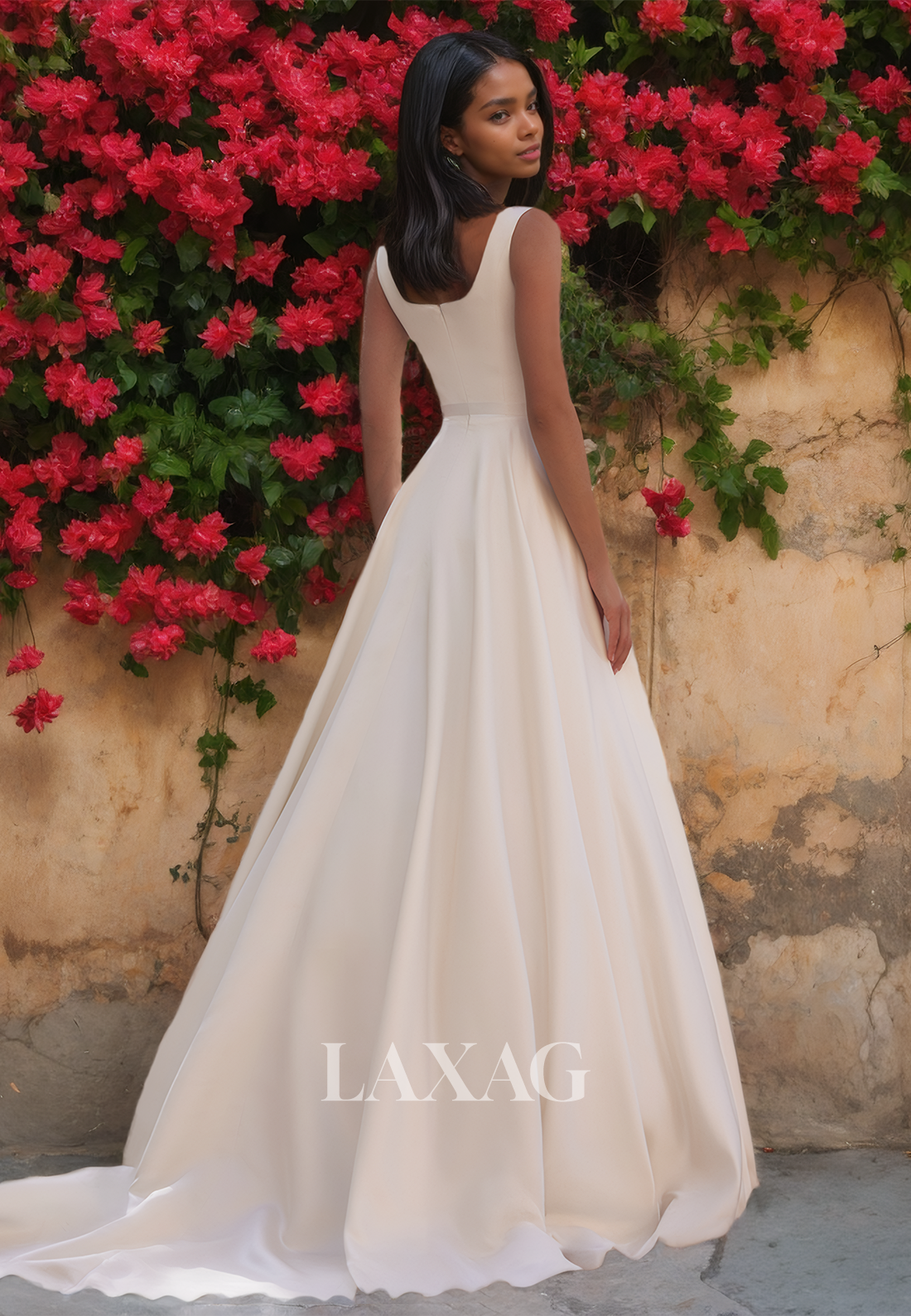 Simple Square-Neck Straps Off-Shoulder Bride Gowns Sleeveless Satin A-Line Wedding Dress