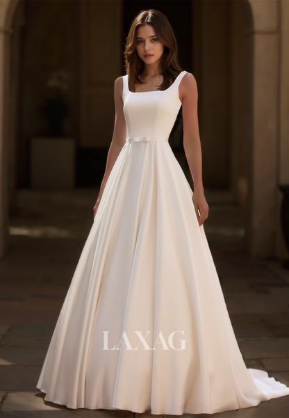 Simple Square-Neck Straps Off-Shoulder Bride Gowns Sleeveless Satin A-Line Wedding Dress