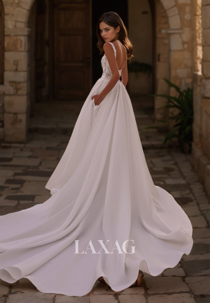 Square-Neck Spaghetti Straps Satin Pleated Wedding Dress Applique Cutout A-Line Train Bride Gowns