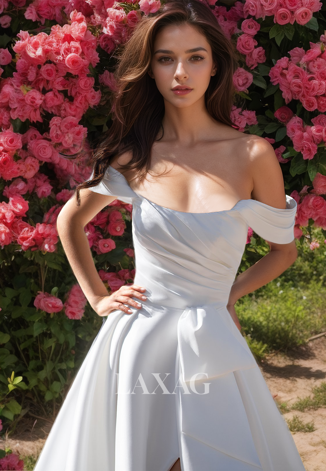 Tube Top Sleeveless Off-Shoulder Pleated High Slit Satin A-Line Wedding Dress with Train