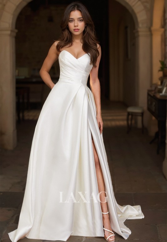 V-Neck Sleeveless High Slit A-Line Wedding Dress Off-Shoulder Pleated Satin Train Bride Gowns