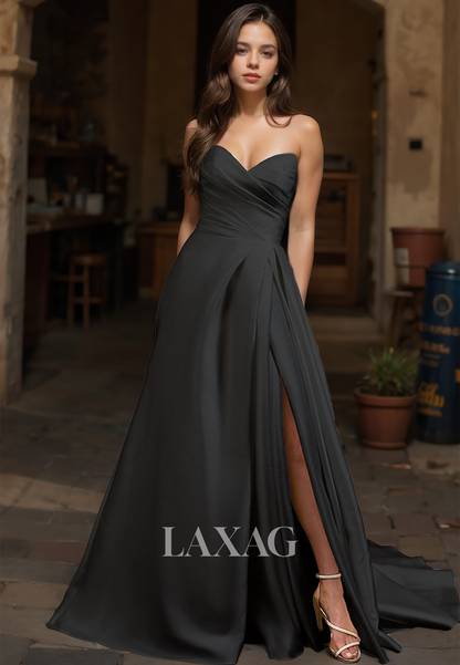 V-Neck Sleeveless High Slit A-Line Wedding Dress Off-Shoulder Pleated Satin Train Bride Gowns