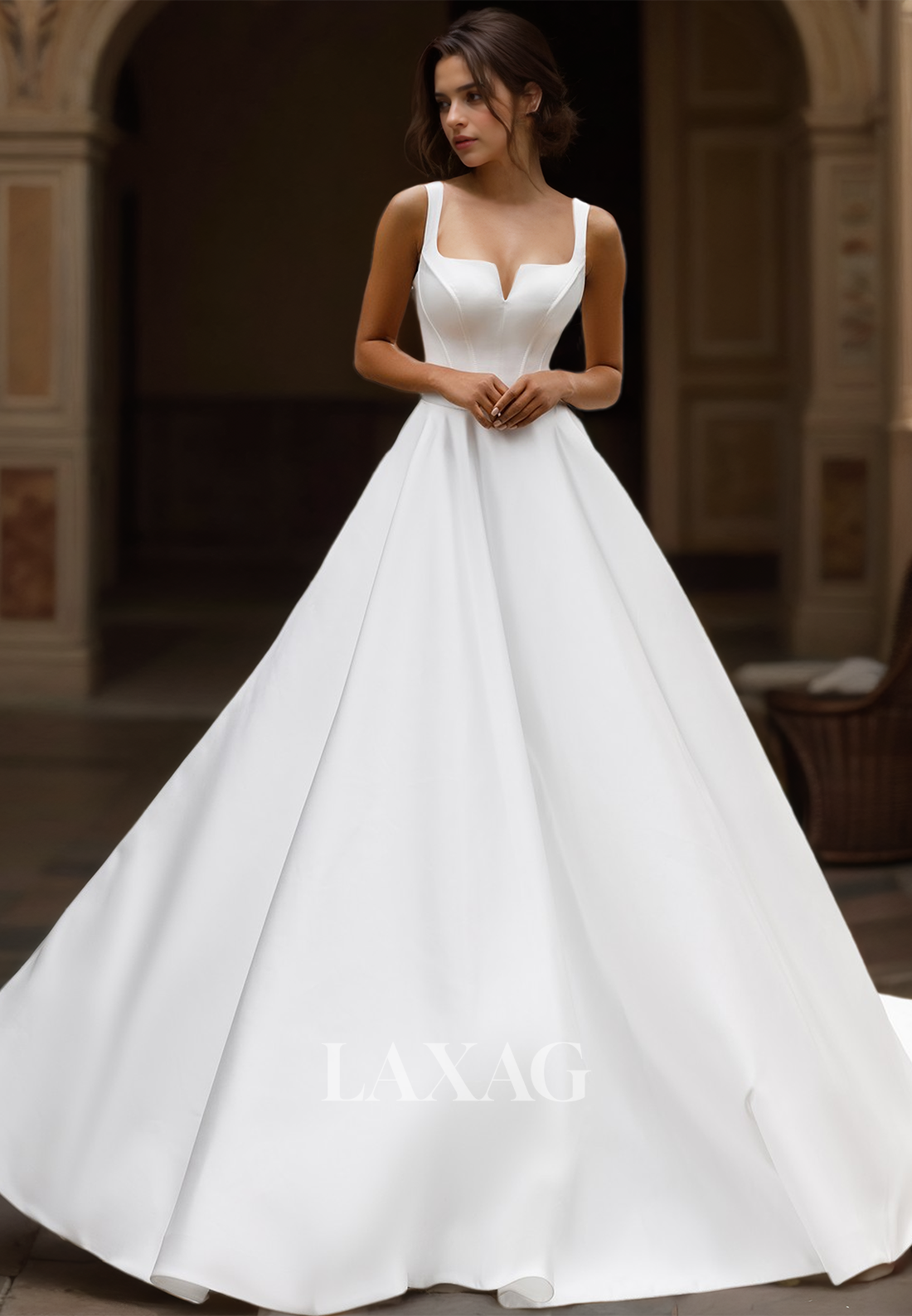 Square-Neck Straps Sleeveless A-Line Wedding Dress Off-Shoulder Pleated Satin Train Bride Gowns