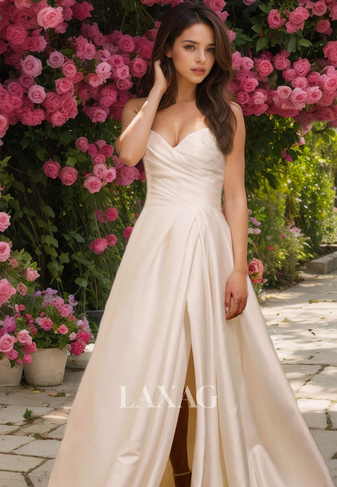 V-Neck Sleeveless High Slit A-Line Wedding Dress Off-Shoulder Pleated Satin Train Bride Gowns