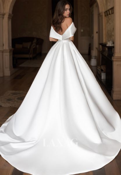 Deep V-Neck Satin A-Line Bride Gowns Sleeveless Pleated Cutout Open-Back Train Wedding Dress