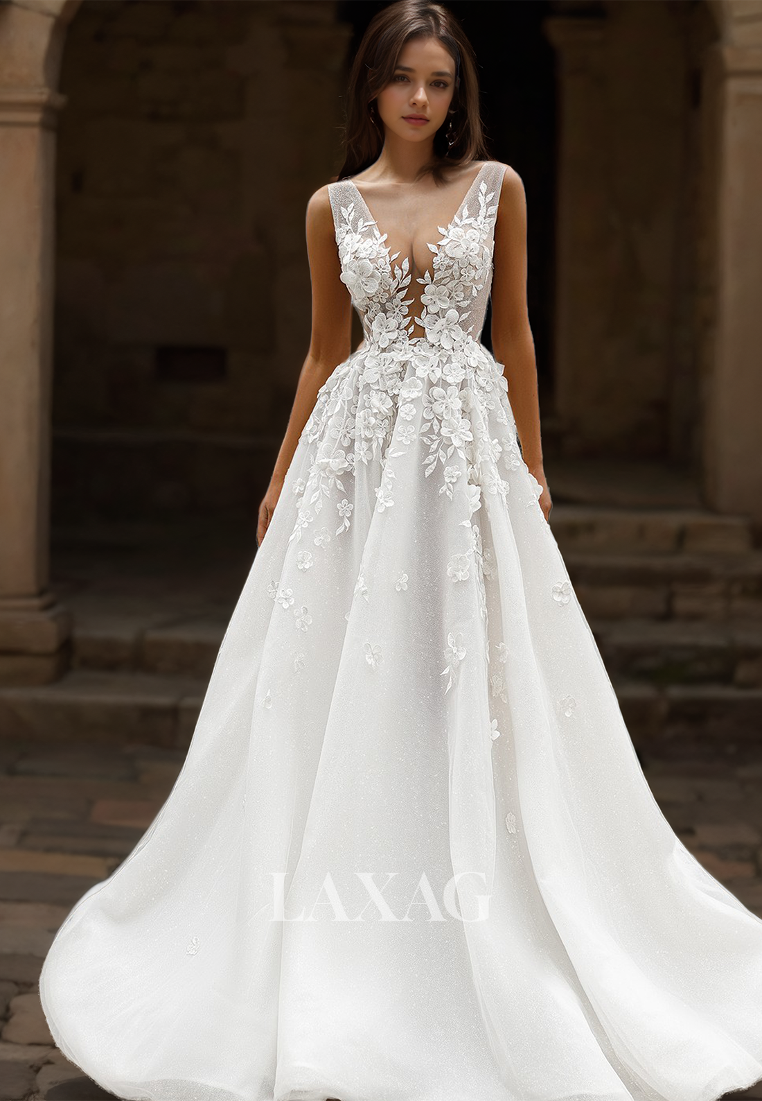 Sleeveless Deep V-Neck Straps Wedding Dress Glitter-Knit with Applique Laxag Sleeveless Deep V-Neck Straps Wedding Dress Glitter-Knit with Applique Laxag