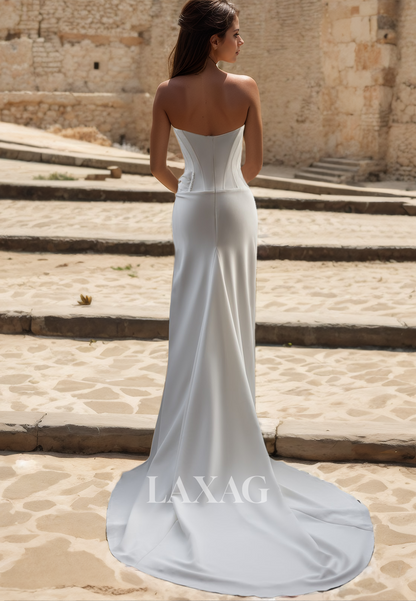 Simple V-Neck Sleeveless Satin Wedding Dress Pleated High Slit Bride Gowns with Sweep Train