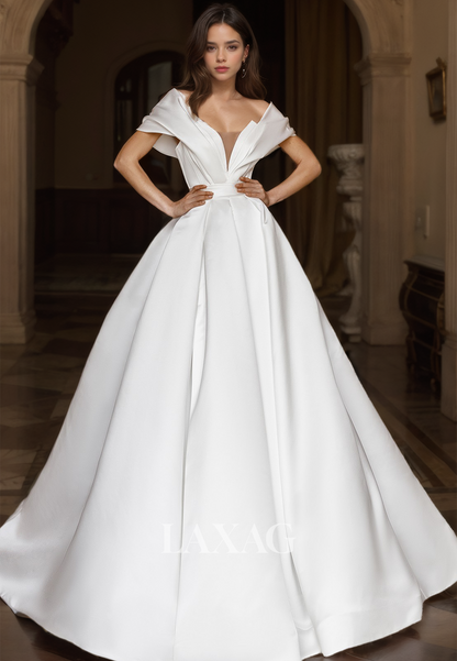 Deep V-Neck Satin A-Line Bride Gowns Sleeveless Pleated Cutout Open-Back Train Wedding Dress