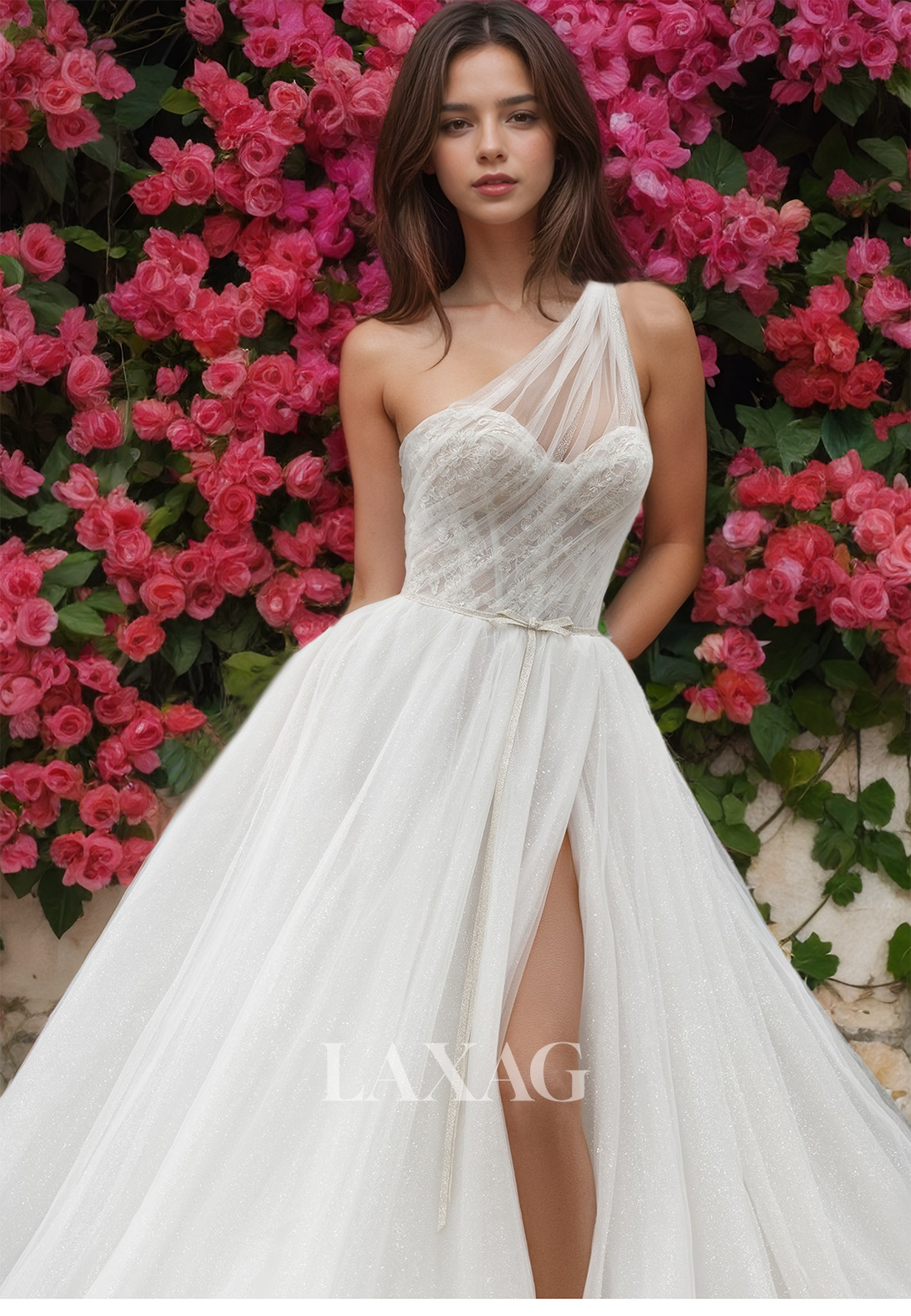 Sweetheart Sleeveless Off-Shoulder Pleated A-line Bride Dress  Glitter-Knit High Slit Wedding Dress with Train