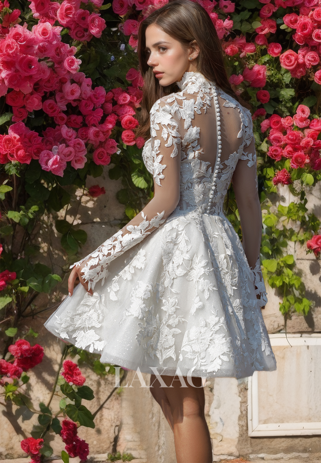 High-Neck Long-Sleeves Short A-Line Wedding Dress Applique Pleated Cutout Beach Wedding Dress