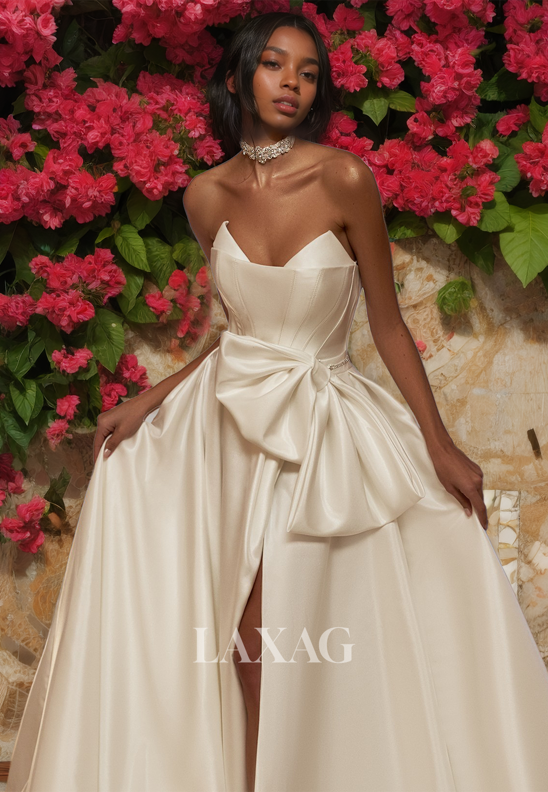 V-Neck Off-Shoulder A-Line Wedding Dress Sleeveless Pleated High Slit Bride Gowns with Big Bows