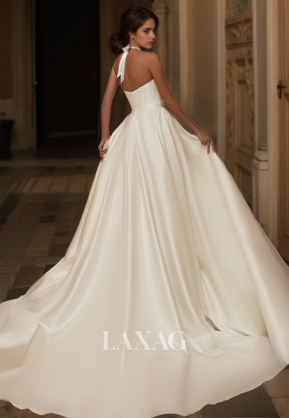 V-Neck Off-Shoulder A-Line Wedding Dress Sleeveless Pleated High Slit Bride Gowns with Big Bows