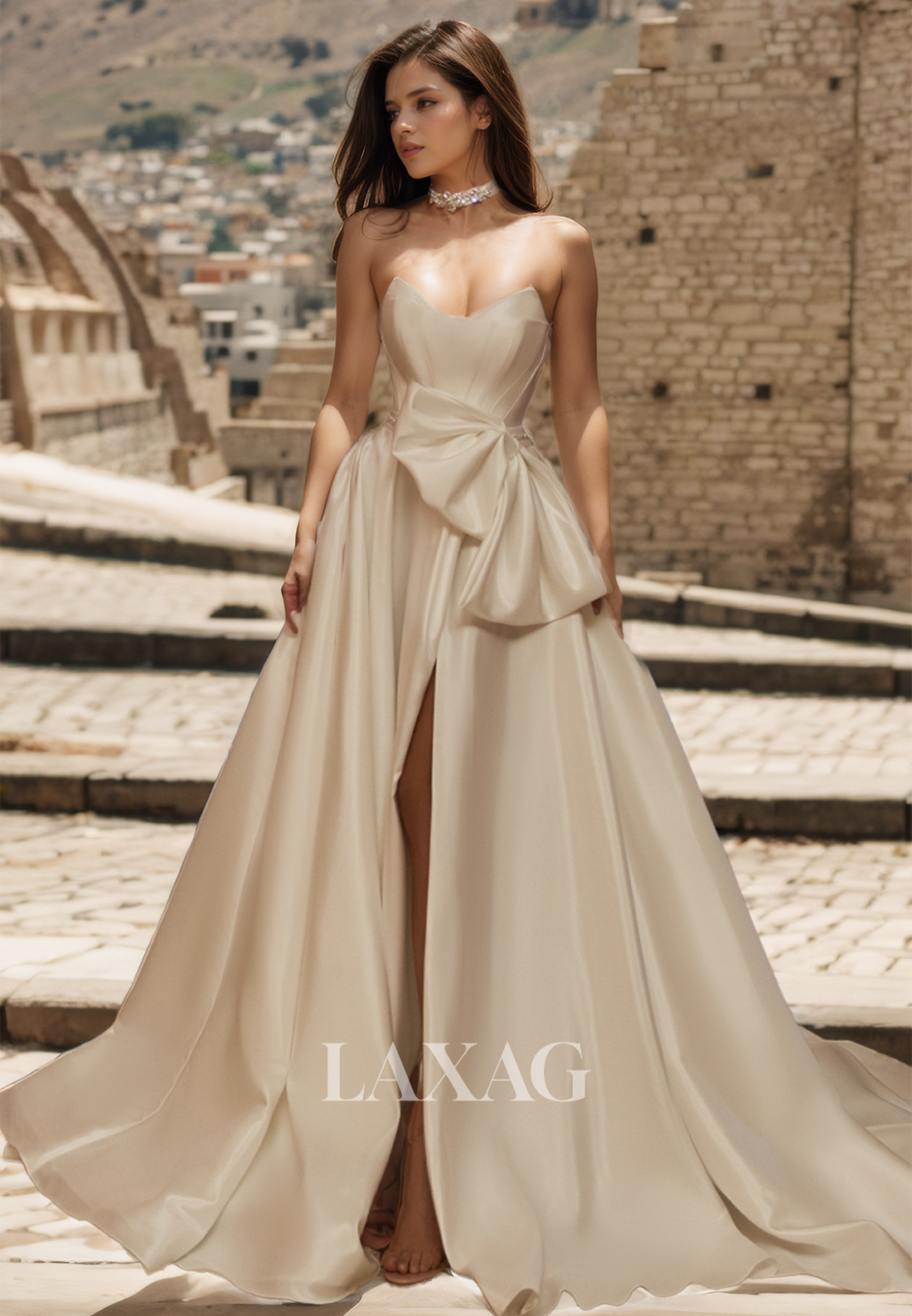 V-Neck Off-Shoulder A-Line Wedding Dress Sleeveless Pleated High Slit Bride Gowns with Big Bows