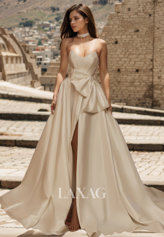 V-Neck Off-Shoulder A-Line Wedding Dress Sleeveless Pleated High Slit Bride Gowns with Big Bows