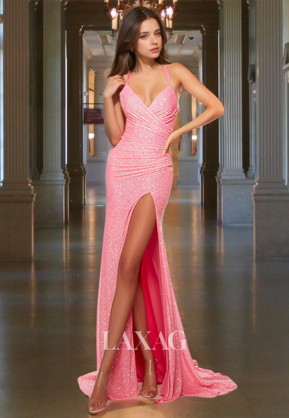 V-Neck Sleeveless Pleated Glitter-Knit Mermaid Prom Dress Spaghetti Straps High Slit Formal Gowns