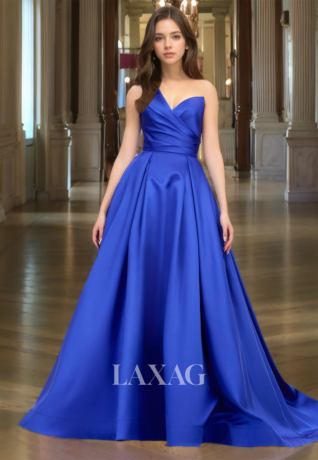 Asymmetrical V-Neck Pleated Sleeveless Satin A-Line Formal Prom Dress with Sweep Train