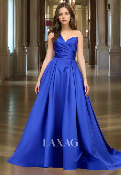 Asymmetrical V-Neck Pleated Sleeveless Satin A-Line Formal Prom Dress with Sweep Train