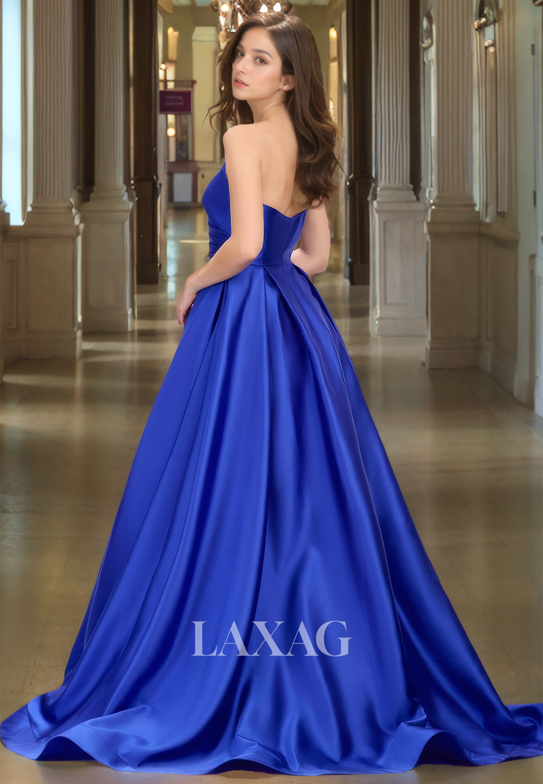 Asymmetrical V-Neck Pleated Sleeveless Satin A-Line Formal Prom Dress with Sweep Train