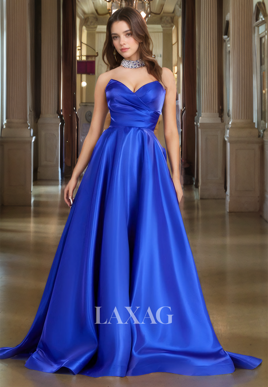 A-Line Sweetheart Off-Shoulder Sleeveless Prom Dress Beaded Pleated Satin Evening Gowns