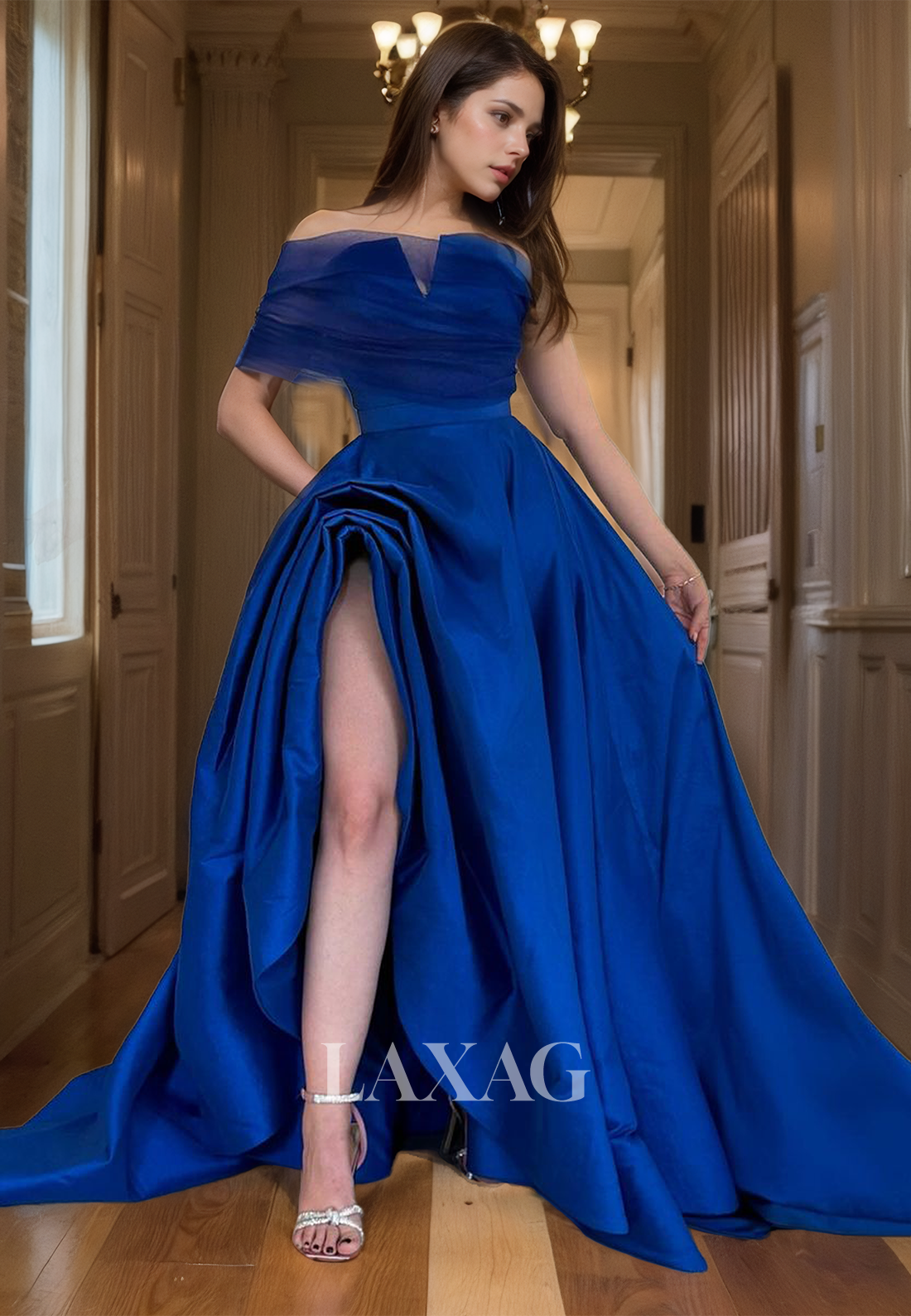 Tube Top Off-Shoulder Sleeveless Satin Party Gowns Pleated High Slit A-Line Prom Dress with Train