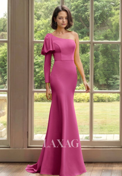 Asymmetrical One-Long-Sleeve Pleated Mermaid Mother of the Bride Dress with Sweep Train