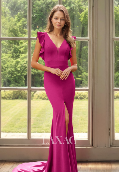 V-Neck Sleeveless Mermaid Mother of the Bride Dress Ruffled High Slit Cocktail Dress with Train