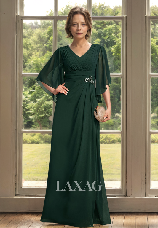 V-Neck Half-Sleeves A-Line Mother of the Bride Dress Pleated Beaded Floor-Length Cocktail Gowns