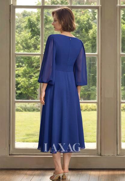 Simple Scoop-Neck A-Line Mother of the Bride Dress Pleated Long-Sleeves Beaded Cocktail Gowns