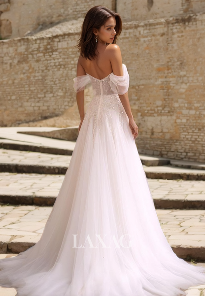 Sweetheart Sleeveless Tulle A-Line Wedding Dress Beaded Applique Cutout Bride Gowns with Train