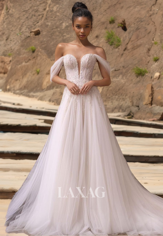 Sweetheart Sleeveless Tulle A-Line Wedding Dress Beaded Applique Cutout Bride Gowns with Train