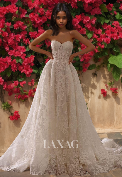 Allover Lace Applique Sweetheart Sleeveless Bride Dress Off-Shoulder Cutout A-Line Wedding Dress with Train