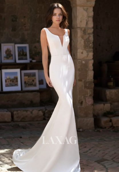 Scoop-Neck Straps Sleeveless Satin Mermaid Wedding Dress Beaded Cutout Train Bride Gowns