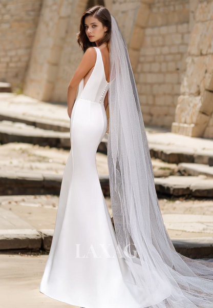 Scoop-Neck Straps Sleeveless Satin Mermaid Wedding Dress Beaded Cutout Train Bride Gowns