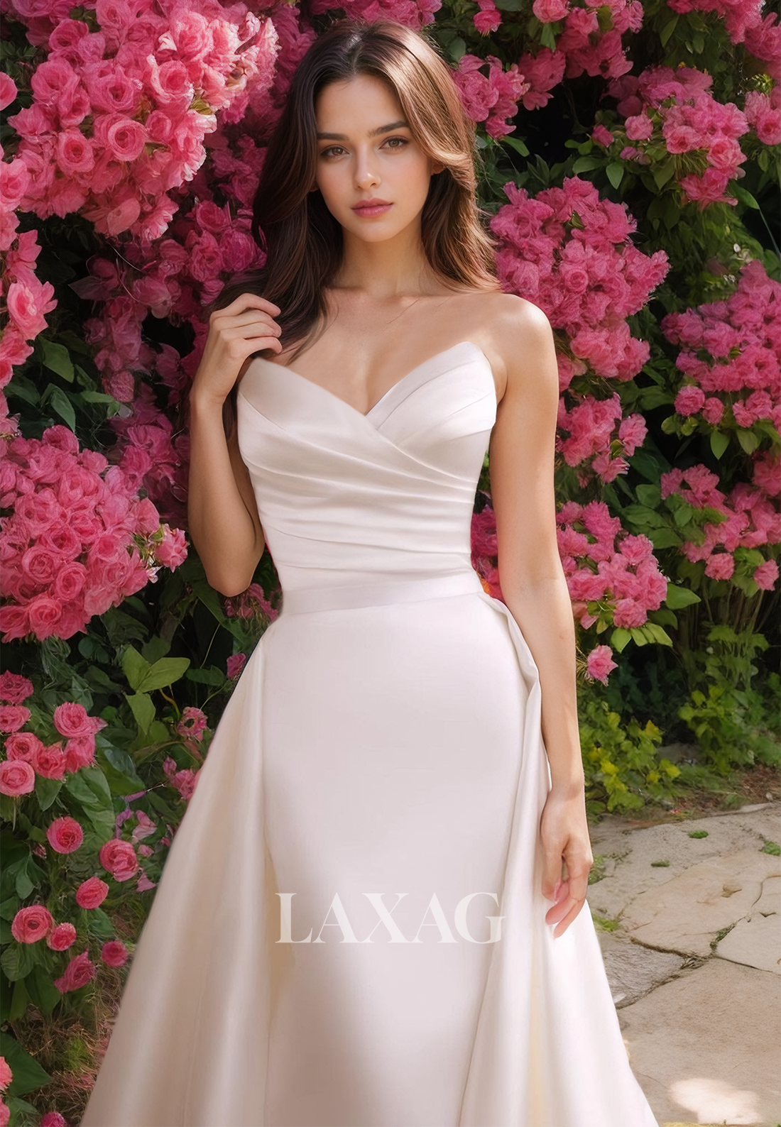 Simple V-Neck Sleeveless Off-Shoulder Pleated Satin Mermaid Wedding Dress with Overskirt