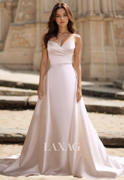 Simple V-Neck Sleeveless Off-Shoulder Pleated Satin Mermaid Wedding Dress with Overskirt