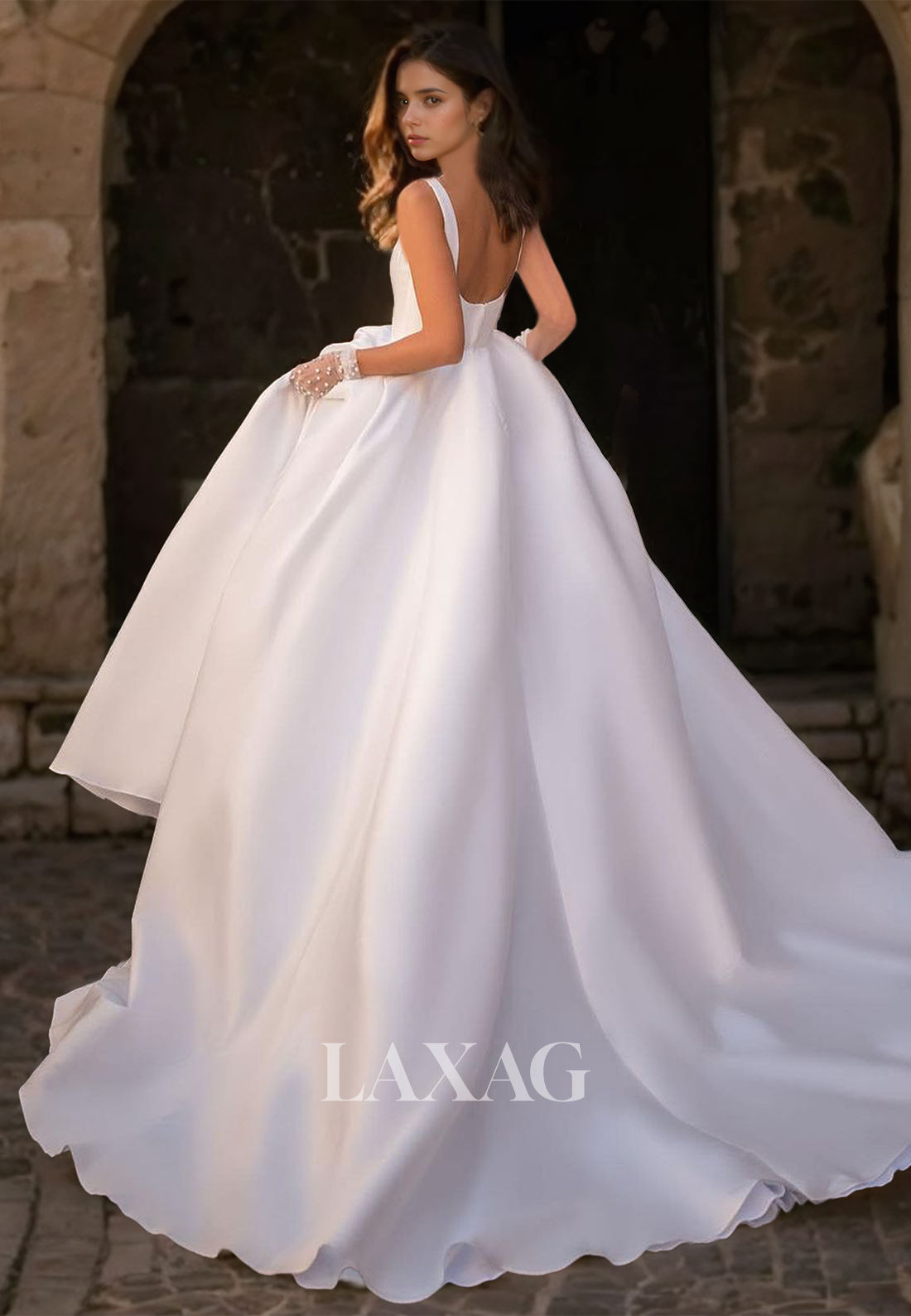 Simple Square-Neck Straps A-line Wedding Dress Sleeveless Off-Shoulder Satin Bride Dress with Train