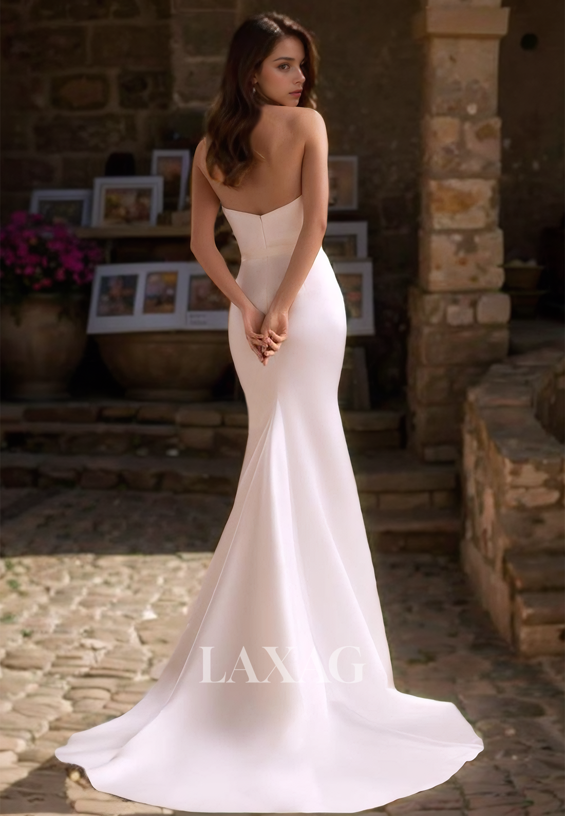 Simple V-Neck Sleeveless Off-Shoulder Pleated Satin Mermaid Wedding Dress with Overskirt