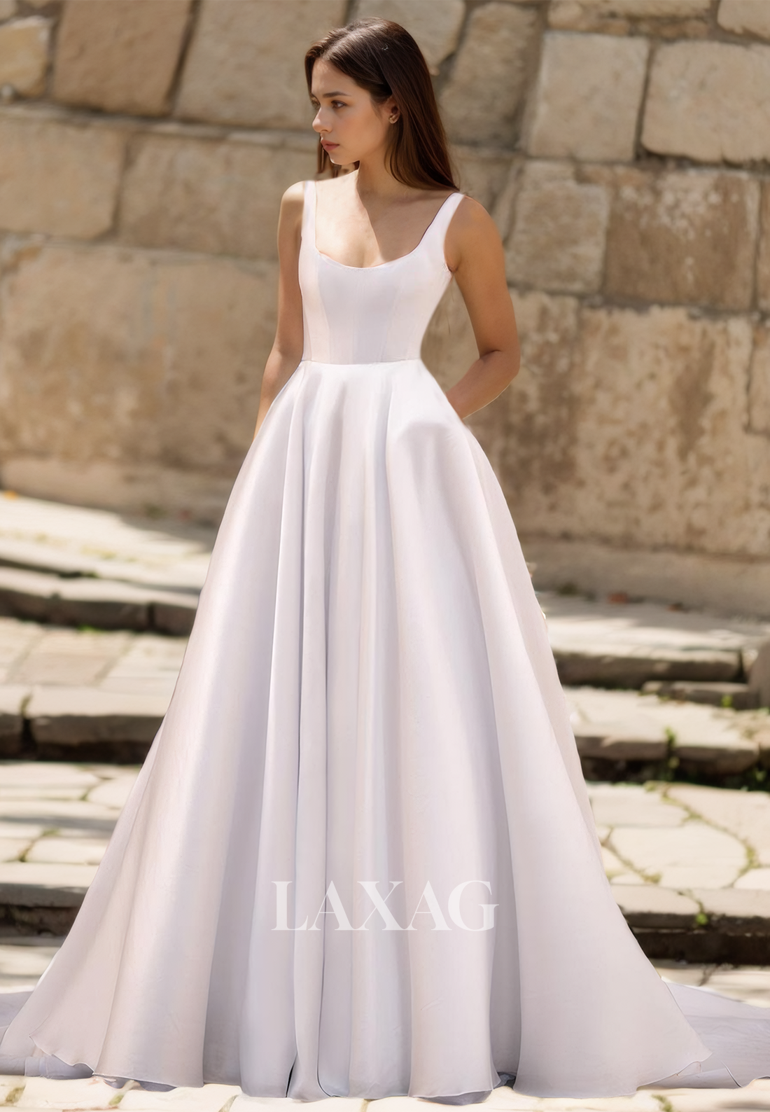 Simple Square-Neck Straps A-line Wedding Dress Sleeveless Off-Shoulder Satin Bride Dress with Train