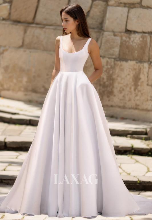 Simple Square-Neck Straps A-line Wedding Dress Sleeveless Off-Shoulder Satin Bride Dress with Train