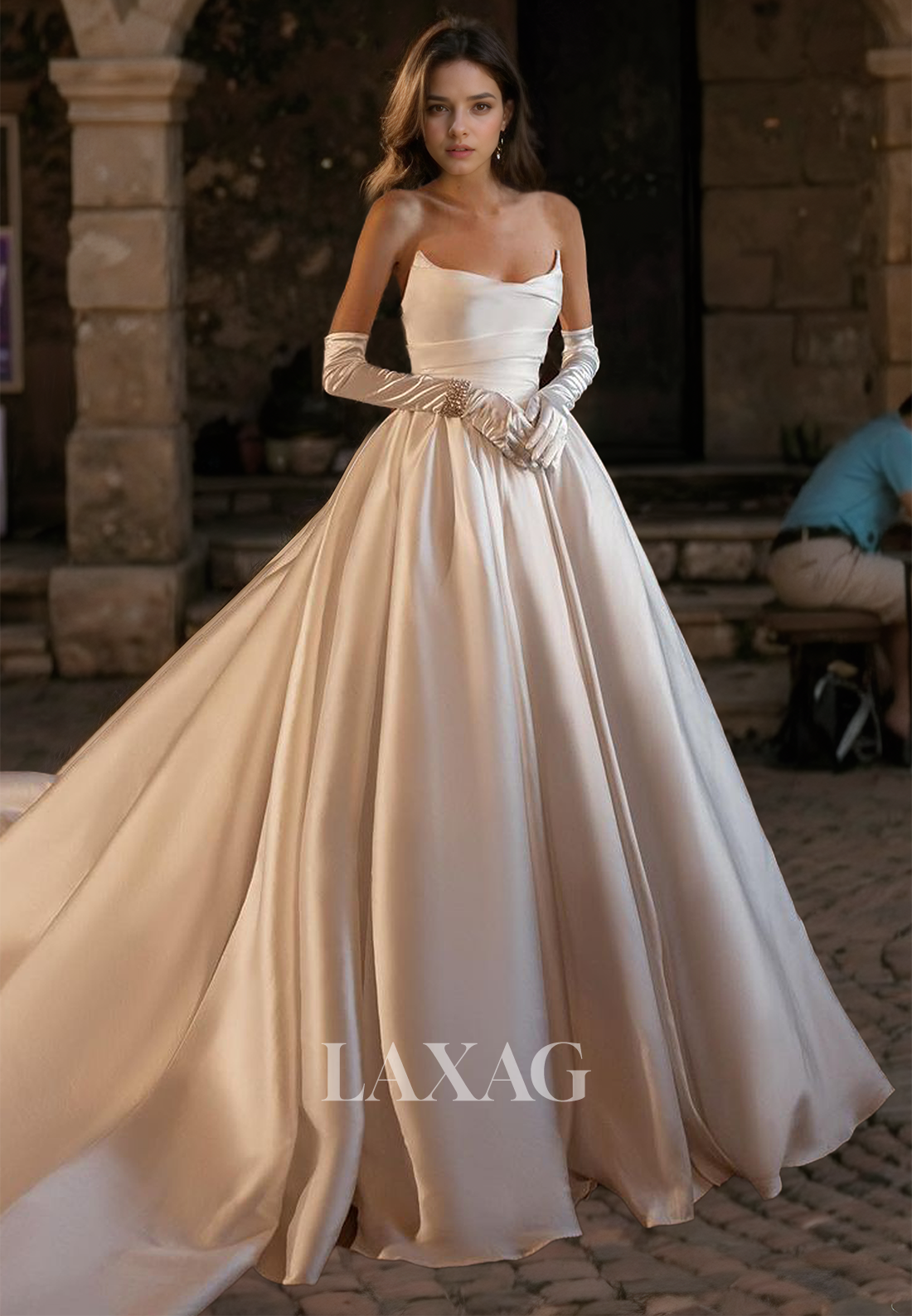 Ornate Tube Top Off-Shoulder Bride Gowns Pleated Train A-Line Wedding Dress with Gloves