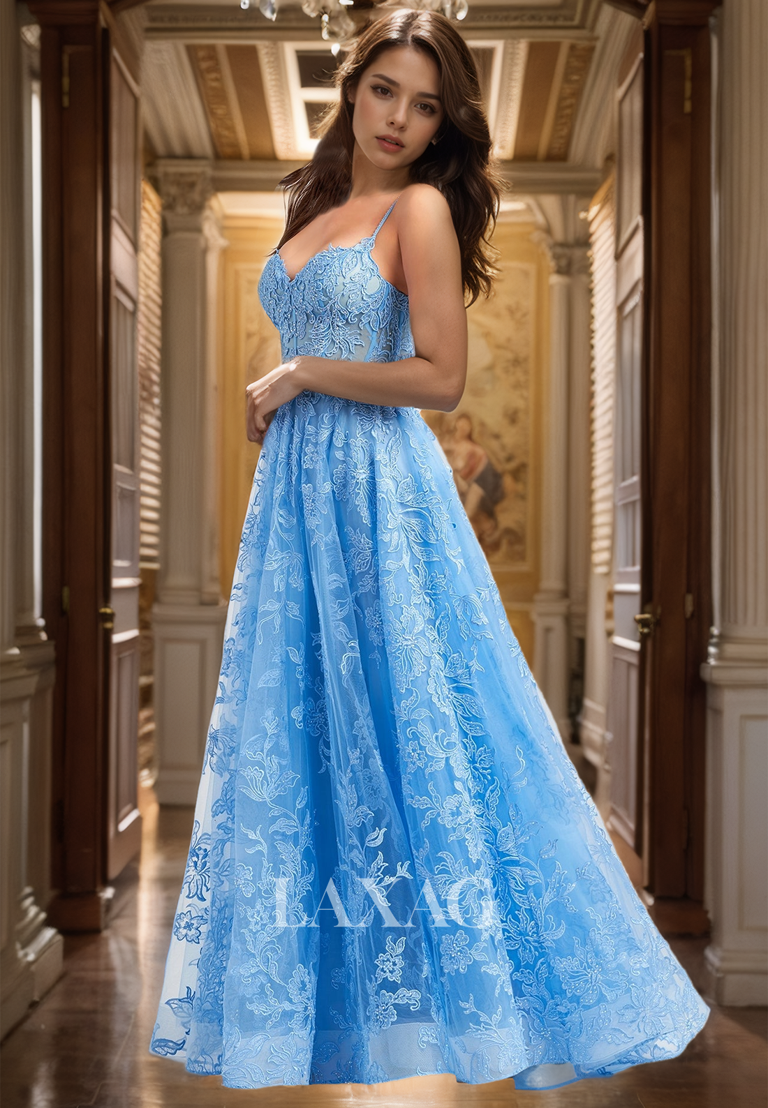 A-Line V-Neck Spaghetti Straps Sleeveless Prom Dress Off-Shoulder Lace Applique Cutout Formal Gowns