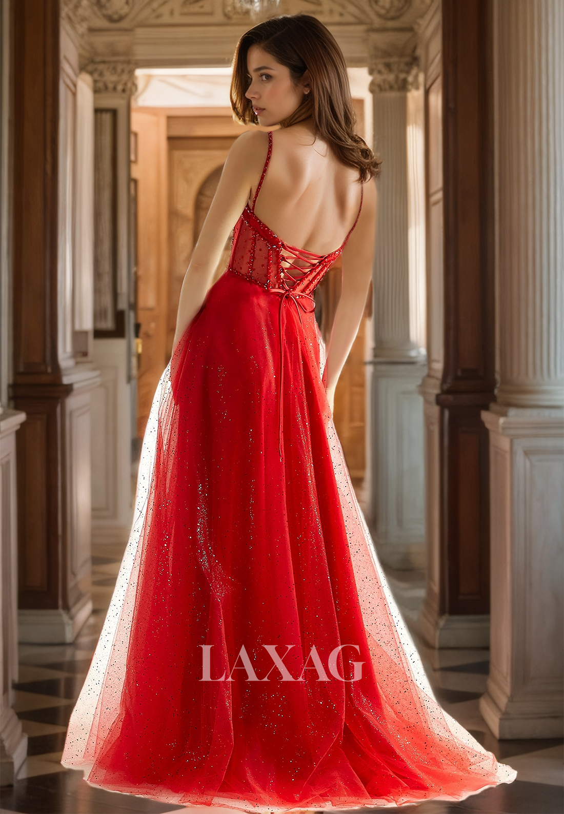 Spaghetti Straps Off-Shoulder Beaded Tulle High Slit Formal Gowns Sweetheart Sleeveless A-Line Prom Dress