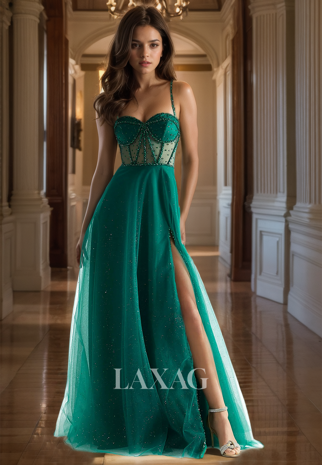 Spaghetti Straps Off-Shoulder Beaded Tulle High Slit Formal Gowns Sweetheart Sleeveless A-Line Prom Dress