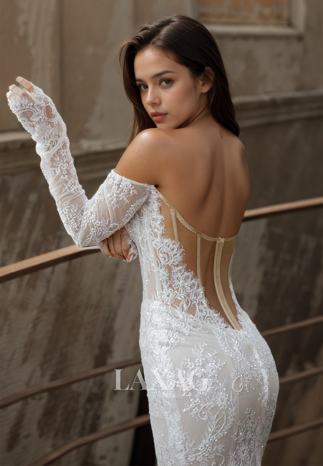 Sweetheart Beaded Mermaid Wedding Dress Long-Sleeves Applique Bride Gowns with Sweep Train