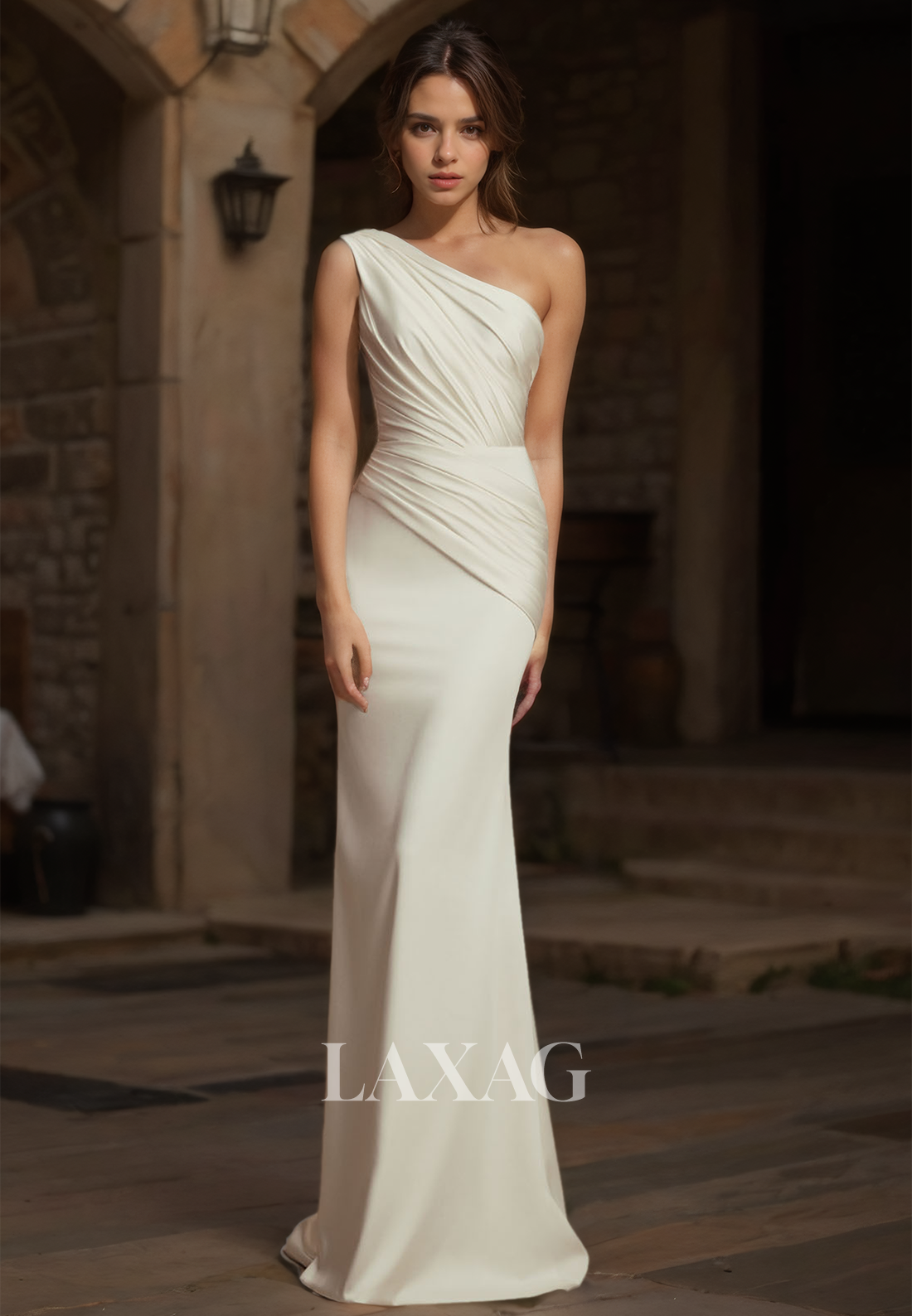 Asymmetrical-Neck Sleeveless Mermaid Bride Gowns Off-Shoulder Pleated Wedding Dress with Train