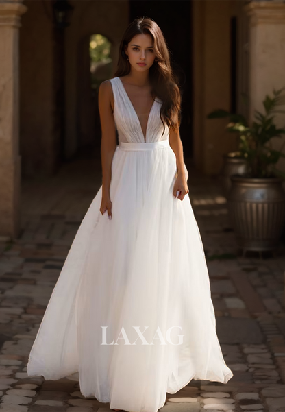 Deep V-Neck Straps Sleeveless Tulle A-Line Wedding Dress Pleated Sweep Train Bride Gowns