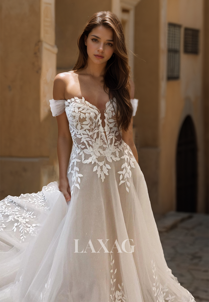 Sweetheart Sleeveless Applique A-Line Bride Dress Off-Shoulder Cutout Train Wedding Dress