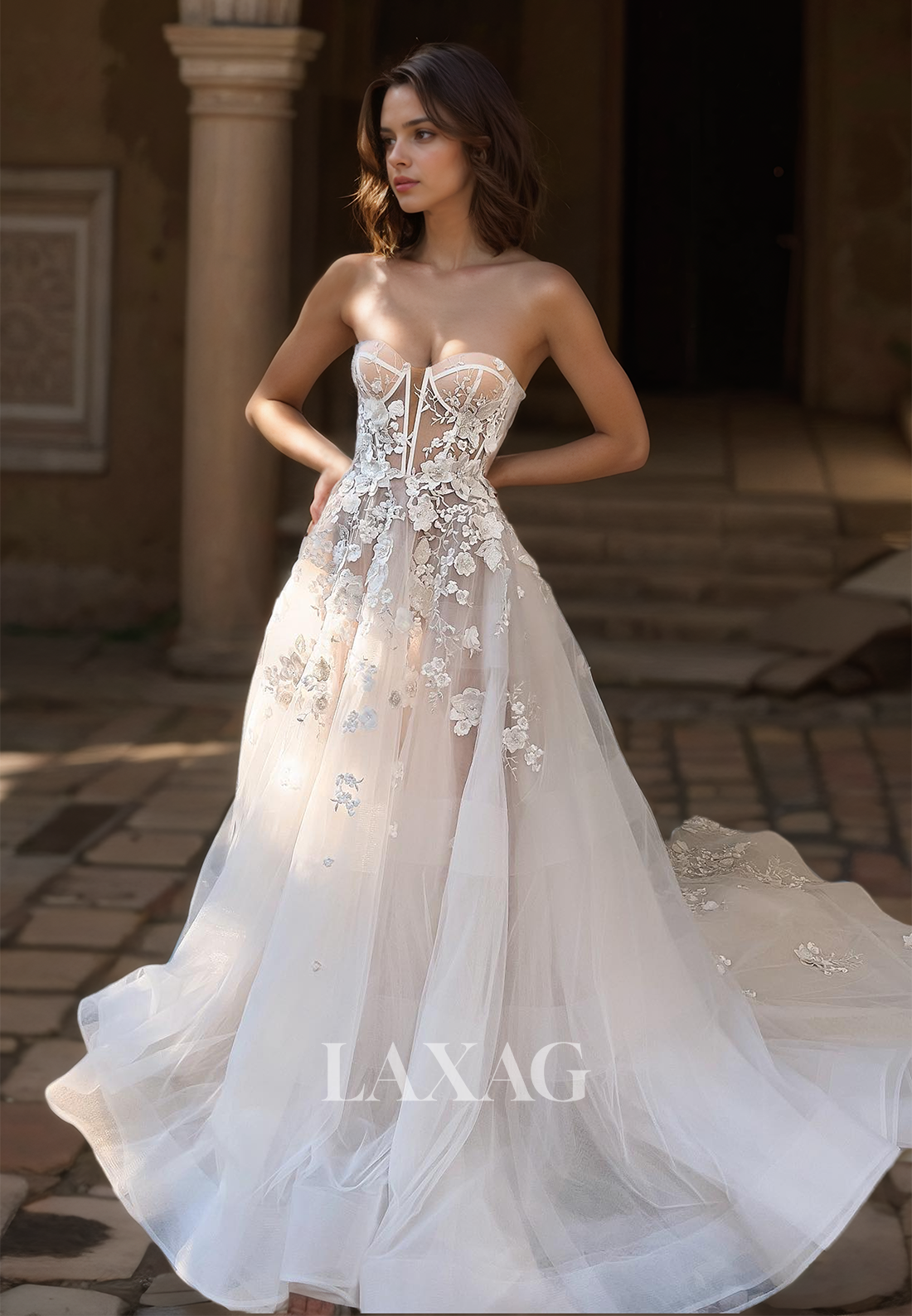 Sleeveless Sweetheart Tulle A-Line Bride Gowns Off-Shoulder Applique Cutout Wedding Dress